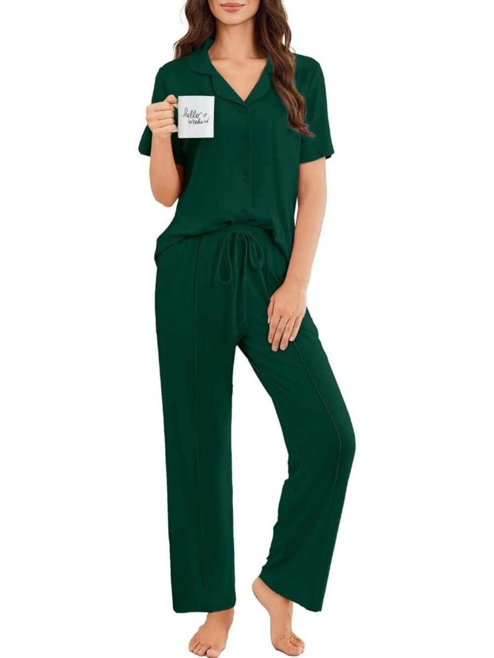 Women Lake Green Button Up Short Sleeve Shirt Sleepwear Pajamas Set